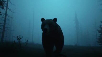 bear in the foggy wilderness. Brown bear walking towards the camera. Unpleasant atmosphere with silhouetted trees. 4k video
