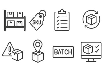 Inventory Icons. Line style icons of inventory management: stock level, SKU tag, inventory sheet, reorder icon. low stock warning,