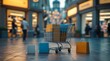 © Kaniz Fatema - Shopping Cart in the City: A shopping cart laden with purchases, symbolizing retail, stands prominently on a city street amidst blurred background of shoppers and storefronts.