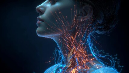 Wall Mural - Medical visualization revealing neurological network through glowing particles flowing along neck arteries and veins, depicting dynamic human physiological processes in advanced diagnostic imaging