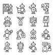 © peppastocker - Retail robot assistant icons in minimalistic line art : shelf restocking robot, shopping guide bot, customer greeting robot, smart pricing scanner, robotic checkout unit, inventory update drone,
