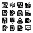 © peppastocker - Financial identity theft icons in silhouette solid black-filled shapes with clean, simple : stolen bank login, fraudulent wire transfer, credit fraud form, loan scam folder, fake tax filing,