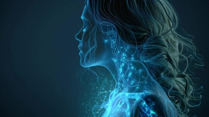 Wall Mural - Luminous particles streaming through female body during deep breathing, revealing intricate energy networks and biological connections in mesmerizing digital visualization of internal wellness