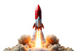 © jhon - Red and white rocket blasting off with bright orange and yellow exhaust flames and smoke isolated on a transparent background