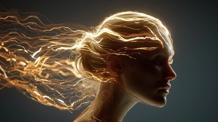 Wall Mural - golden energy radiating through woman's hair, creating luminous ethereal visual effect against dark 