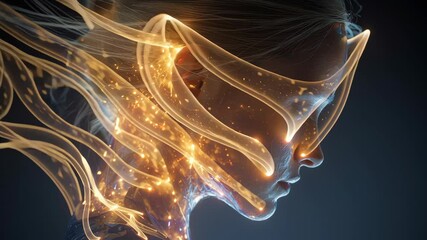 Wall Mural - golden particles and energy mysteriously flowing and swirling around a serene woman's head, creating