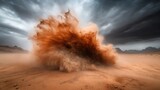 A stunning explosion of dust and sand in a desert landscape, captured during a storm, highlighting the natural forces and beauty of arid environments and their elements.