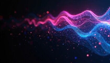 Abstract background with shiny neon purple, blue glitter, waves. Technology cyberspace concept illustration. Digital futuristic wave flows, tech communication, modern design. Cyberspace light