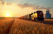© miss irine - Freight train moves along tracks through wheat field at sunset. Industrial site railway landscape. Golden hour sky, harvest car transportation, rural scenery. Grain silos in the background.