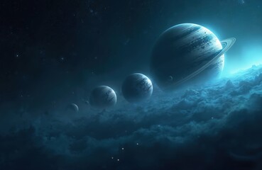 Wall Mural - illustration of blue space with planets. planets float above clouds. cosmos, universe fantasy art. i