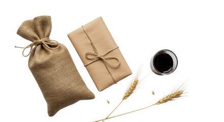 Rustic gift package with burlap sack and beverage on white background for product display and mockup use