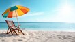 © svastix - A vibrant beach scene featuring a colorful striped umbrella and a wooden chair resting on the sunlit sandy shore, inviting relaxation and summer enjoyment by the sea.