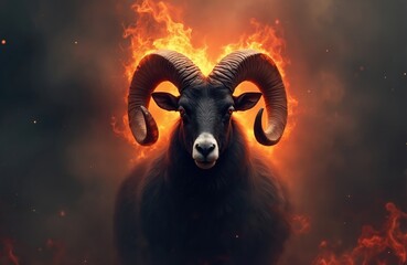 Illustration features a ram with large horns engulfed in flames and smoke. The ram has dark fur against an orange fiery background. Powerful image depicts hell, fantasy and inferno.