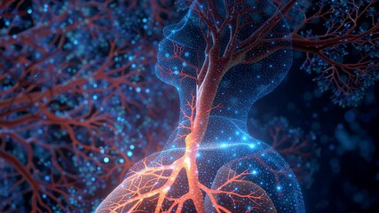 Wall Mural - Respiratory system visualized as branching organic network, tree like anatomy growing from human silhouette, illustrating biological connection between breath and natural growth patterns