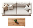 © ainterior - top view of white double sofa with wooden table isolated on white