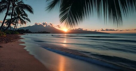 Wall Mural - coastal sunset video with palm trees waves and golden sunlight over the ocean horizon creating a tra