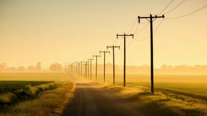 Wall Mural - sunset over rural dirt road with power lines