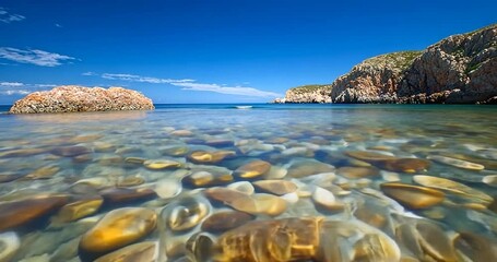 Wall Mural - scenic view of crystal clear water with submerged stones reflecting sunlight a cliffside under a viv