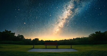 Wall Mural - night scene with bench silhouetted against a starry sky above the horizon. the milky way and sunset 
