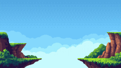 Pixel art game level vector showing floating islands and green landscape in a blue sky. For video game background.