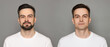 © New Africa - Handsome man before and after shaving on grey background, collage of photos. Banner design