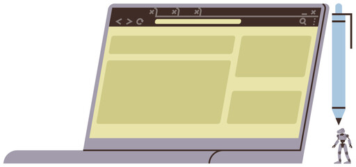 Laptop with browser interface, oversized pen, and tiny robot representing creativity, innovation, and scale. Ideal for technology, design, innovation, creativity web development futuristic