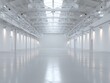 © amaf - A vast, minimalist white industrial space with high ceilings, exposed metal framework, and polished concrete floors, illuminated by strategically placed lights
