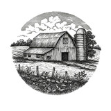 Illustration Black and White Farm Barn Rustic Landscape Silhouette