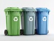 © amaf - Three large, wheeled recycling bins in green, gray, and blue, each displaying a universal recycling symbol, stand against a bright white background