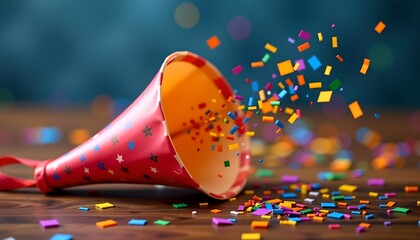 A party horn exploding with colorful confetti on a wooden table, perfect for joyous events