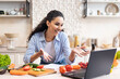 © Prostock-studio - Happy latin woman talking to laptop webcamera while preparing fresh salad in kitchen interior, having video call. Food blog, social distance and recipe concept