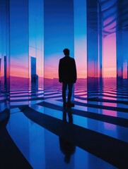Wall Mural - a silhouette of a person standing in a reflective space at sunset, surrounded by vibrant colors