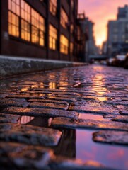 Wall Mural - sunset reflections on cobblestone street near industrial buildings, urban setting, serene atmosphere