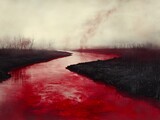 Crimson current meandering through misty land creates a surreal spectacle