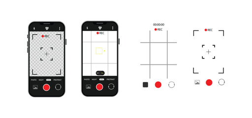 Smartphone Camera Interface Vector – Viewfinder, Grid, Focus & Record Buttons for Photo & Video | Mobile App UI Screen Icons.