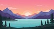 © Alvin - A breathtaking flat design illustration of a tranquil mountain lake reflecting a vibrant sunset sky, with silhouetted pine trees framing the peaceful scene.