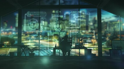 Wall Mural - software engineer working with digital interface in modern office at night