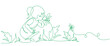 © Ari - little girl smelling flowers in continuous line drawing style. Little girl squatting to smell flowers. Vector Linear sketch green line isolated on white background.