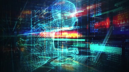 Wall Mural - digital human working on laptop with abstract data stream background