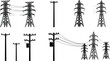 © Biplob Creatives - Electric power transmission towers, utility poles, silhouette set, high voltage lines, electricity infrastructure, industrial grid system, energy supply, urban power, black vector illustration,