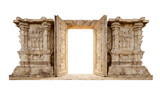 Open stone temple double doors, ancient carvings glowing with light, isolated on white