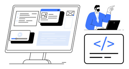 Large screen with app interface, coding tags, and multimedia, accompanied by a professional explaining ideas. Ideal for programming, coding, web development, software design, technology education IT