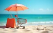 © fu - Summer beach shopping scene  cart and umbrella, symbolizing vacation sales in a relaxed atmosphere. High quality