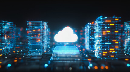 Wall Mural - digital cloudscape: a luminous cloud hovers above a digital cityscape, symbolizing seamless cloud co