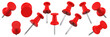 © che - A collection of red push pins scattered in various orientations, commonly used for pinning notes or papers.