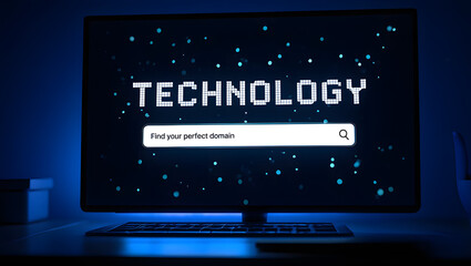 the word technology on a computer screen with a domain search bar