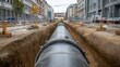 © axel - Heavy duty pipeline for district heating is being installed underground in a bustling urban area, surrounded by construction work and ongoing city improvements