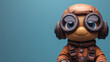 © Its - Astronaut toy in orange spacesuit with goggles on blue background standing alone