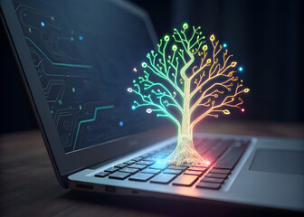 abstract glowing circuit tree emerging from laptop keyboard on dark background with digital data nod