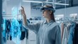 © LumenMaze - Woman in futuristic augmented reality glasses interacts with holographic blue interface in modern clothing store, focused expression, high-tech ambiance, soft lighting.